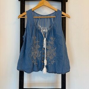 Womens Denim Rose Embroidered Tank Top Tassel Tie Neck Blue